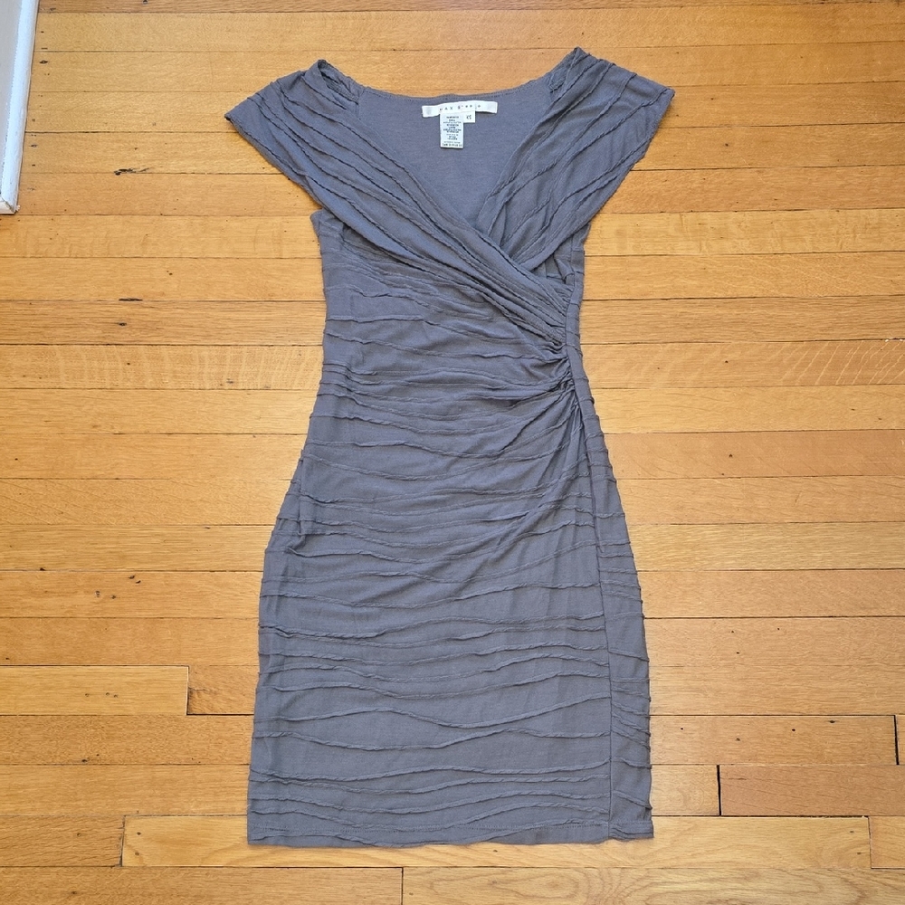 Max Studio, Textured Ruched Mini Sheath Dress, Slate Gray, EUC, Women's XS